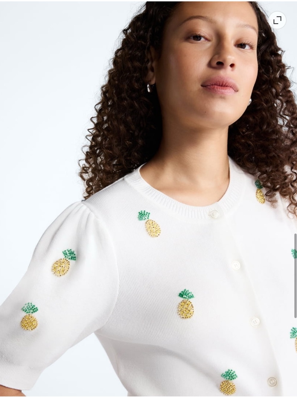 Free Assembly Beaded Pineapple Puff Sleeves Knit Cardigan Coastal Beach Boho M